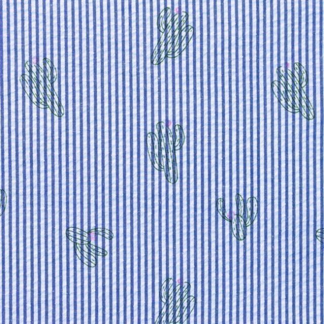 Tissu Seersucker à rayures Bleu Cactus Vert et Fuschia sur fond Blanc - Par 10 cm