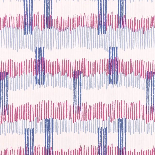 Tissu Coton Imprimé Frou-Frou Tokyo Bleu indigo, fuchsia, gris et beige sur fond Blanc - Par 10 cm