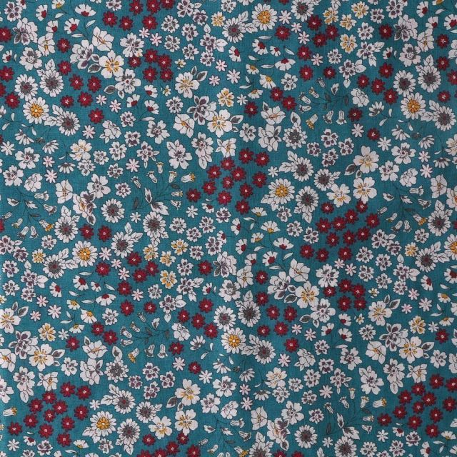 Tissu Coton Frou-Frou Fleuri N°24 Vert canard - Par 10 cm