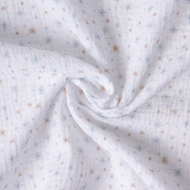 Tissu Double gaze de Coton Etoile beige ciel sur fond Blanc