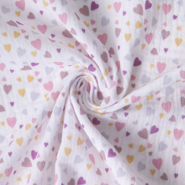 Tissu Double gaze de Coton Cotillons coeurs sur fond Blanc