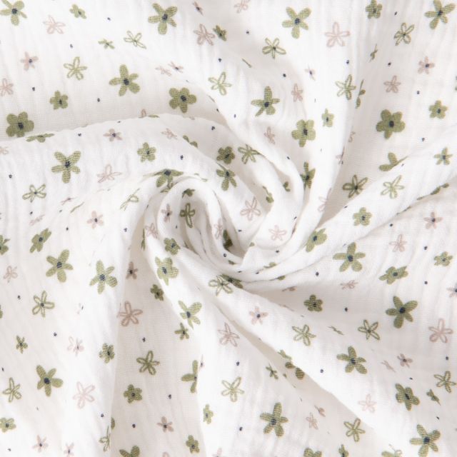 Tissu Double gaze de Coton Fleurs vertes beiges sur fond Blanc
