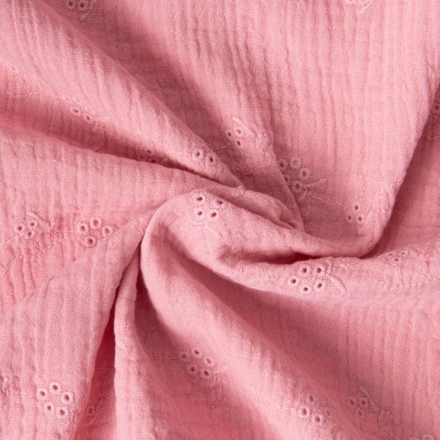 Tissu Double gaze de Coton Brodé Loline sur fond Vieux rose