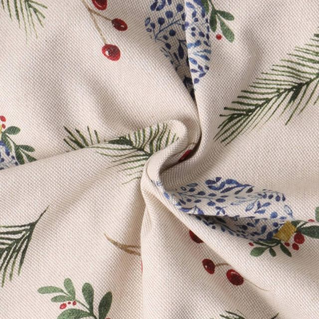 Tissu Toile de Coton  Céleste forêt d'hivers sur fond Ecru