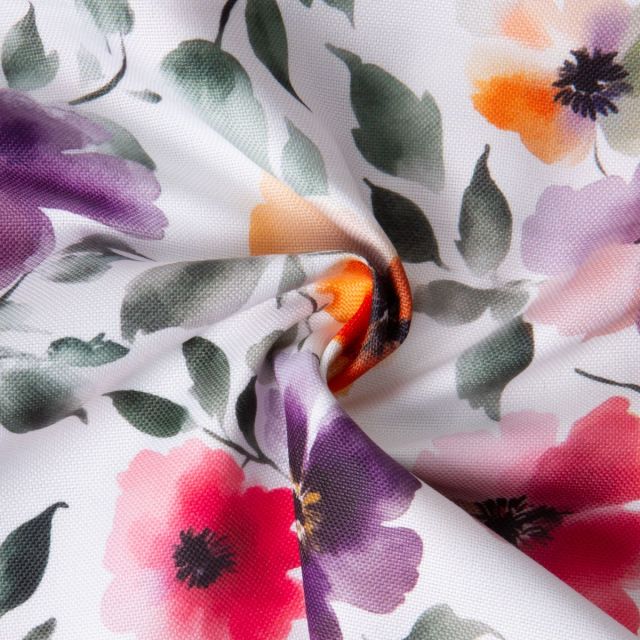 Tissu Polyester Aqua Flora sur fond Blanc