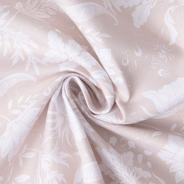 Tissu Polyester White Flora sur fond Beige