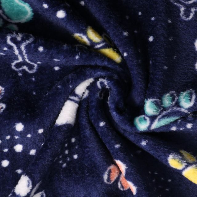 Tissu Doudou Patounes colorées sur fond Bleu marine