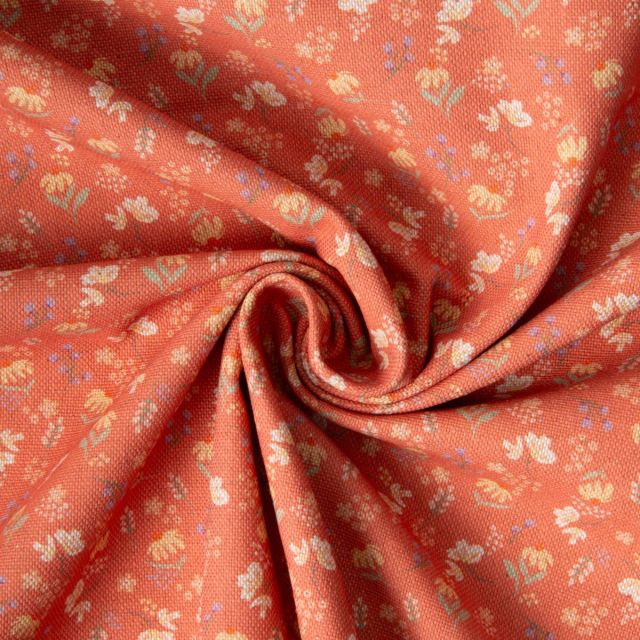 Tissu Toile de Coton aspect Lin Euphoria mini champêtre sur fond Orange