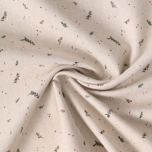 Tissu Toile de coton Honorine petites fleurs Rouge sur fond Ecru chiné
