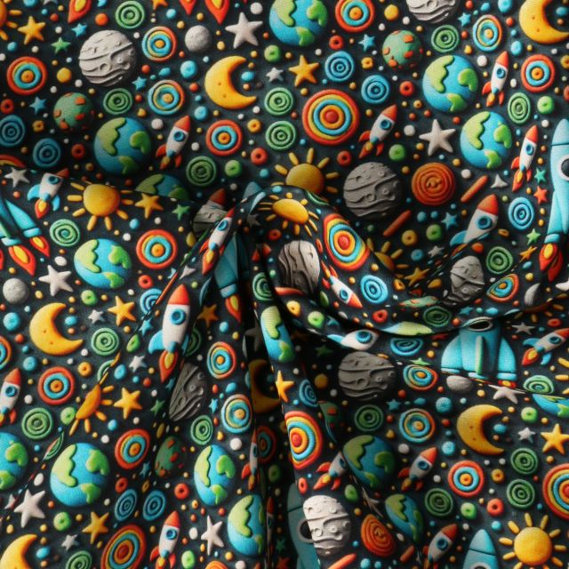 Tissu Popeline de Coton  Cosmos Multicolore sur fond Noir