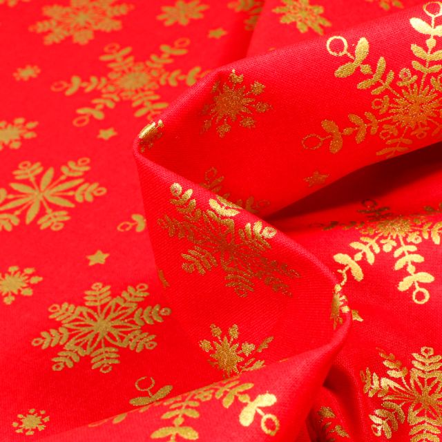 Tissu Coton imprimé Bio Flocons dorés sur fond Rouge