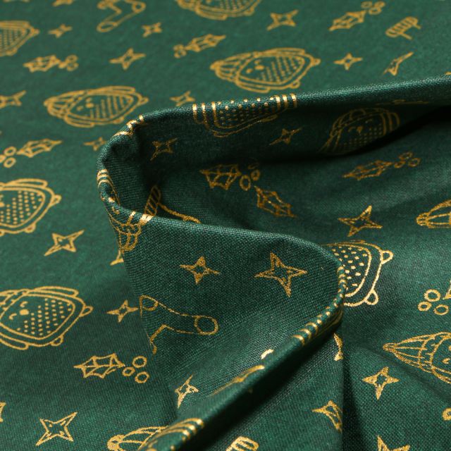 Tissu Coton imprimé Bio Pingouins dorés sur fond Vert foncé