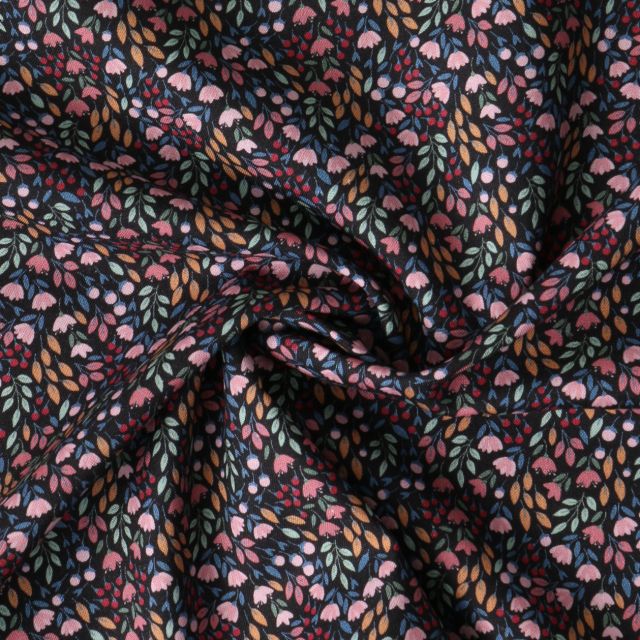 Tissu Popeline de Coton  Mélusine motif floral multicolore sur fond Noir