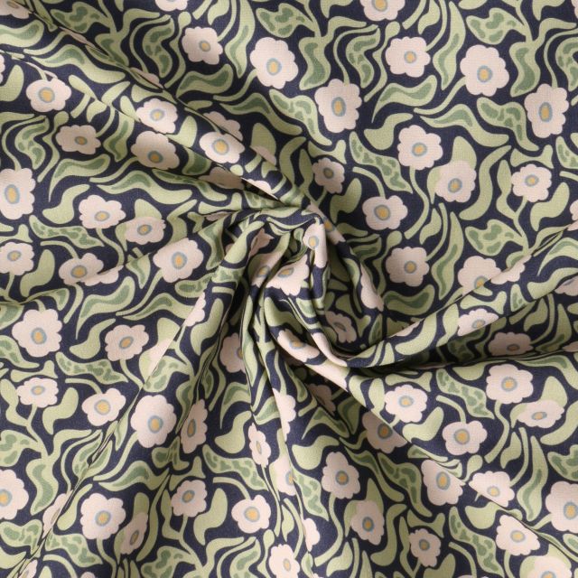 Tissu Popeline de Coton  Cléa fleurs vintage sur fond Bleu marine