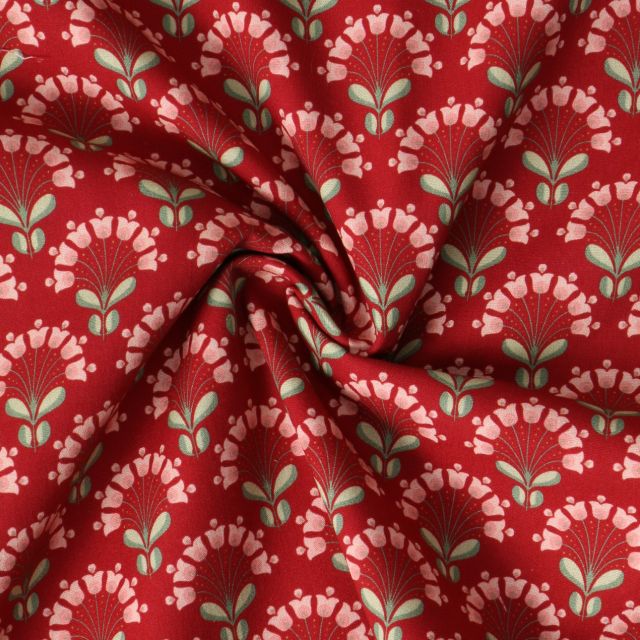 Tissu Popeline de Coton  Cléa fleurs vintages sur fond Rouge