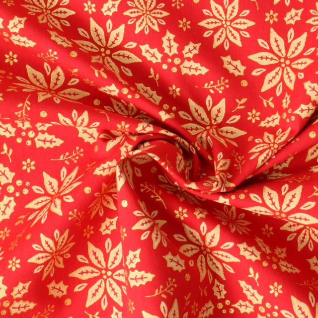 Tissu Coton imprimé Flocons dorés de noël sur fond Rouge