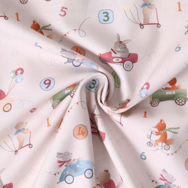 Tissu Popeline de Coton  Petit Rallye sur fond Crème