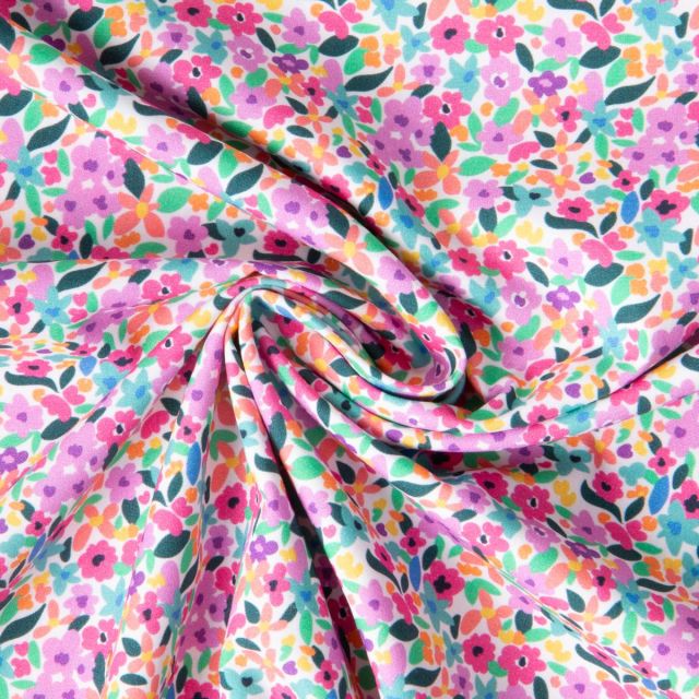 Tissu Coton imprimé Nina fleurs sur fond Blanc