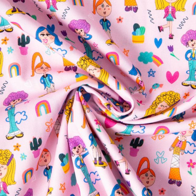 Tissu Popeline de Coton Dessin d'enfant sur fond Rose