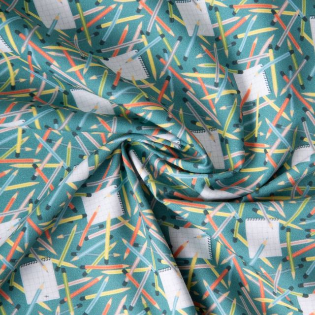 Tissu Coton imprimé School time sur fond Vert d'eau