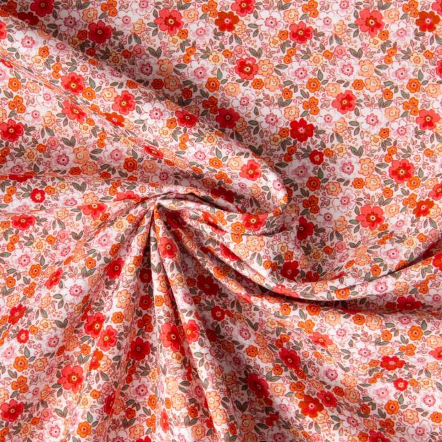 Tissu Coton imprimé Liberté floral rouge sur fond Blanc