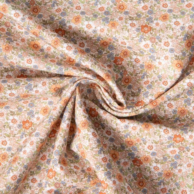 Tissu Coton imprimé Liberté floral  orange bleu sur fond Blanc