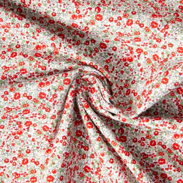 Tissu Popeline de Coton Léonie petites fleurs Rouge et Vert sur fond Blanc
