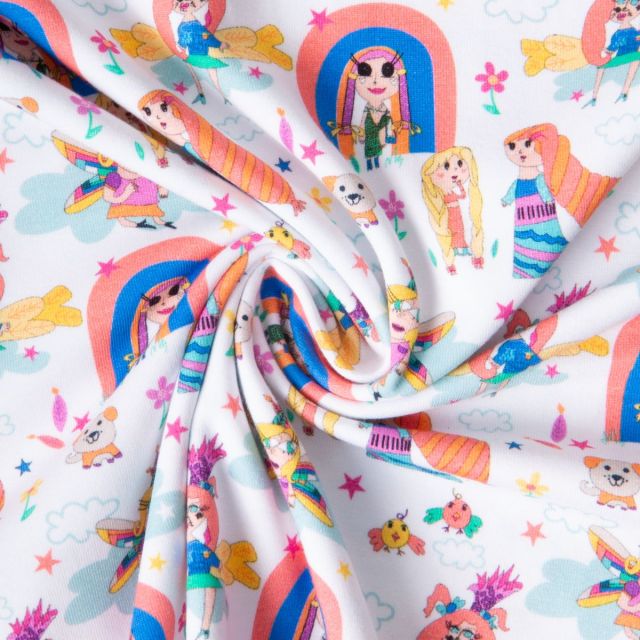 Tissu Jersey de Coton Dessin fille sur fond Blanc