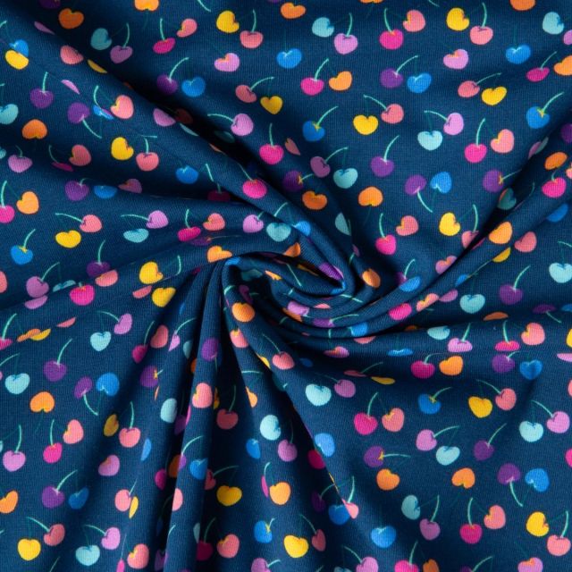 Tissu Jersey de Coton Nina cherry pop sur fond Bleu marine