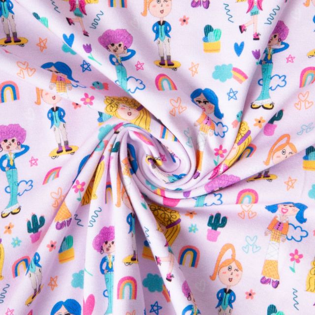 Tissu Jersey de Coton Coloriage girls sur fond Rose pâle