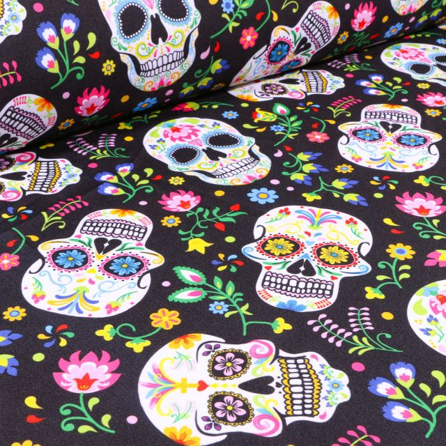 Coupon Tissu Burlington Têtes de morts colorées sur fond Noir - Coupon de 40 cm