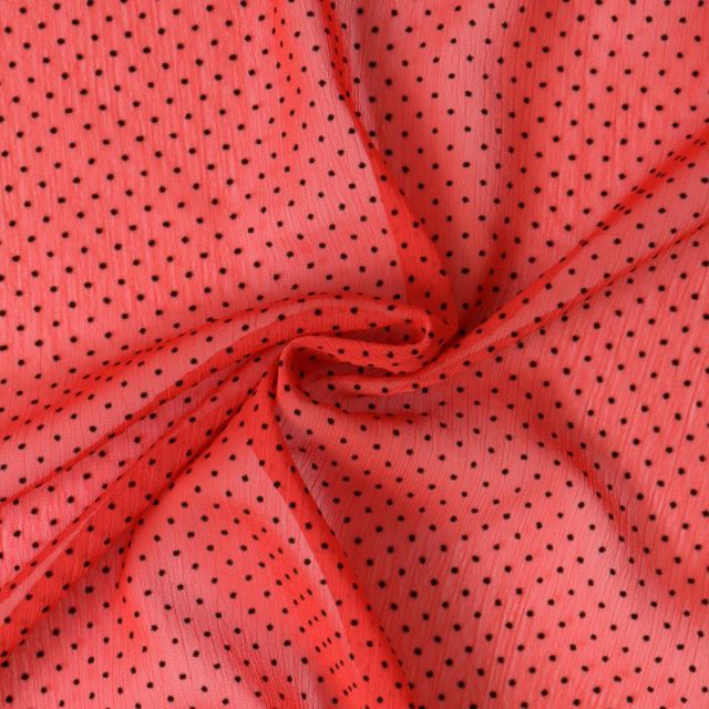 Tissu Mousseline  texturé Mini pois sur fond Rouge