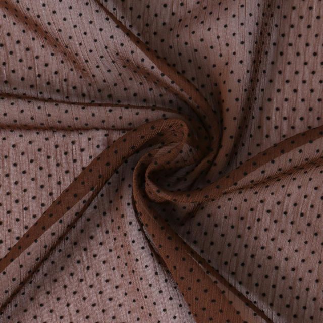 Tissu Mousseline  texturé Mini pois sur fond Marron chocolat