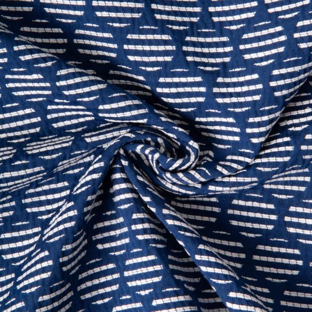 Tissu Jacquard Polycoton Pois rayés blancs sur fond Bleu