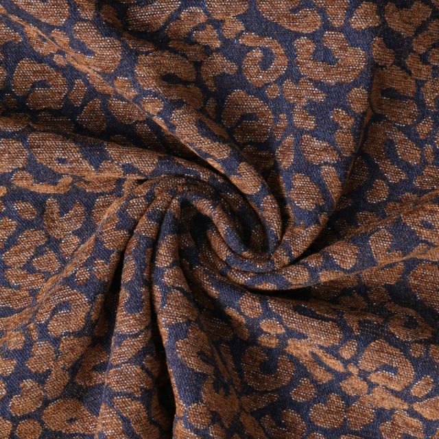 Tissu Jeans Denim motif Léopard touché velours Camel sur fond Bleu foncé