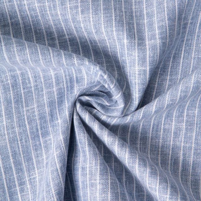 Tissu Polycoton aspect Lin rayé Bleu ciel