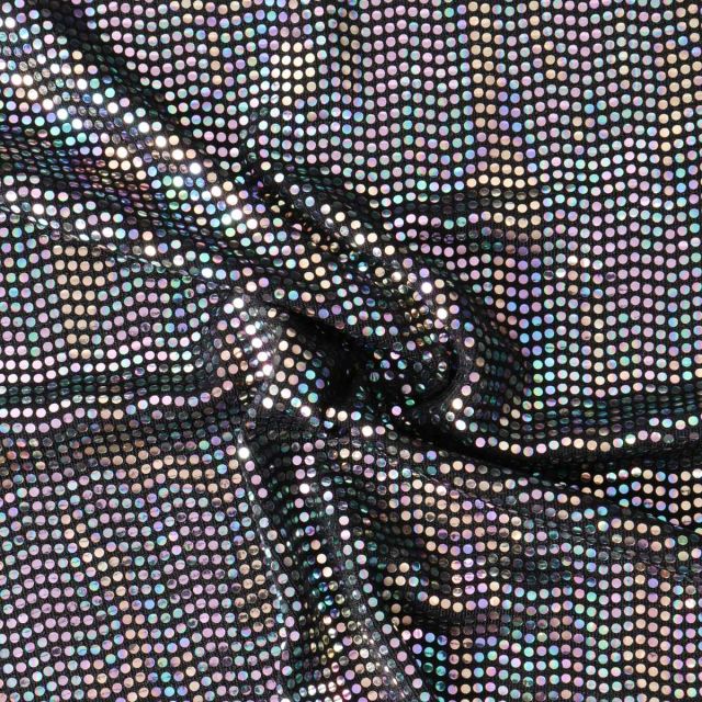 Tissu Polyester Stretch Pois irrisés multicolore sur fond Noir