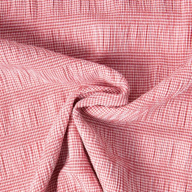 Tissu Polyviscose Seersucker aspect Lin lavé Suzy rayures Blanc sur fond Corail