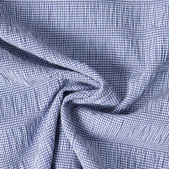 Tissu Polyviscose Seersucker aspect Lin lavé Suzy carreaux Blanc sur fond Bleu - Par 10 cm