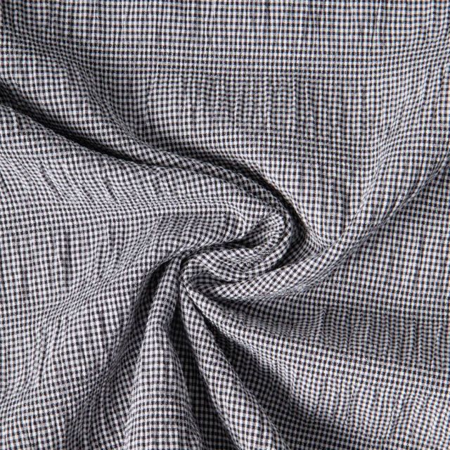 Tissu Polyviscose Seersucker aspect Lin lavé Suzy carreaux Blanc sur fond Noir - Par 10 cm