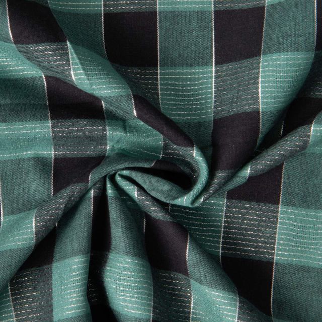 Tissu Coton Tartan Ecossais vert Lurex sur fond Noir
