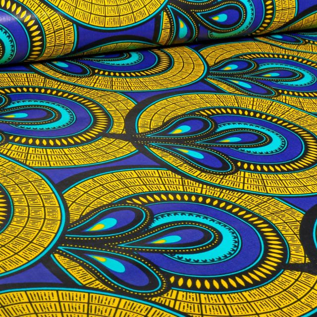 Coupon Tissu Wax africain n°  722 sur fond Bleu - Coupon de 90 cm
