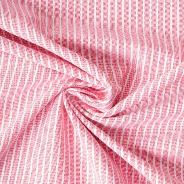 Tissu Coton aspect Lin Emy rayures Blanc sur fond Rose corail