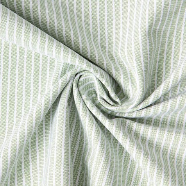 Tissu Coton aspect Lin Emy rayures Blanc sur fond Vert amande