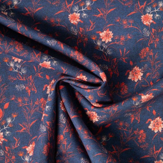 Tissu Chambray Coton Lola petites fleurs Rouge sur fond Bleu denim