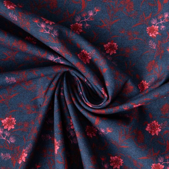 Tissu Chambray Coton Lola petites fleurs Rouge sur fond Bleu foncé