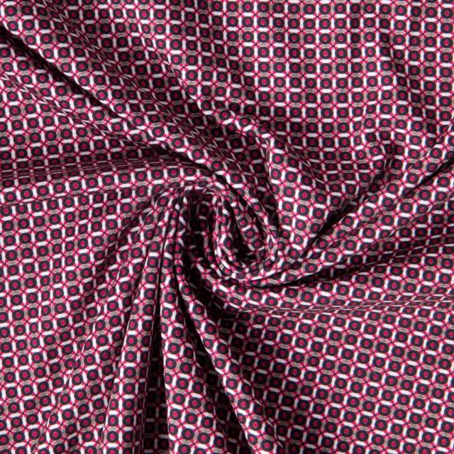 Tissu Coton imprimé Dina pois Noir et Blanc sur fond Rouge foncé