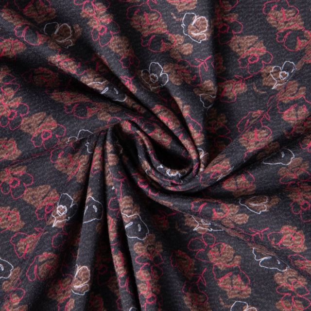 Tissu Viscose twill Ava fleurs nocturne sur fond Bleu nuit