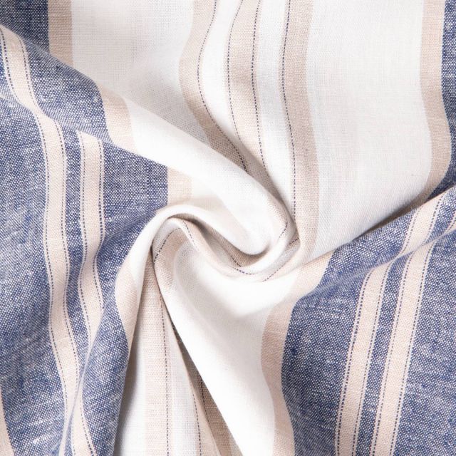 Tissu Lin Viscose Louis rayures Bleu gris et Beige sur fond Blanc cassé