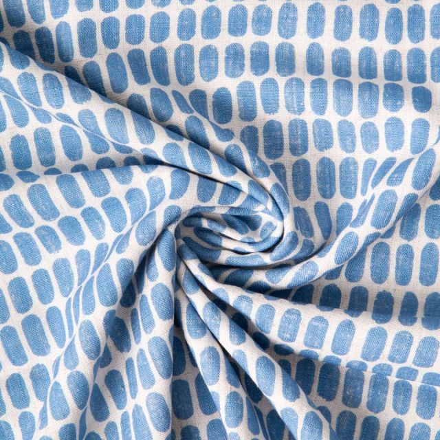 Tissu Lin lavé Viscose Célestin motif graphique Bleu azur sur fond Blanc